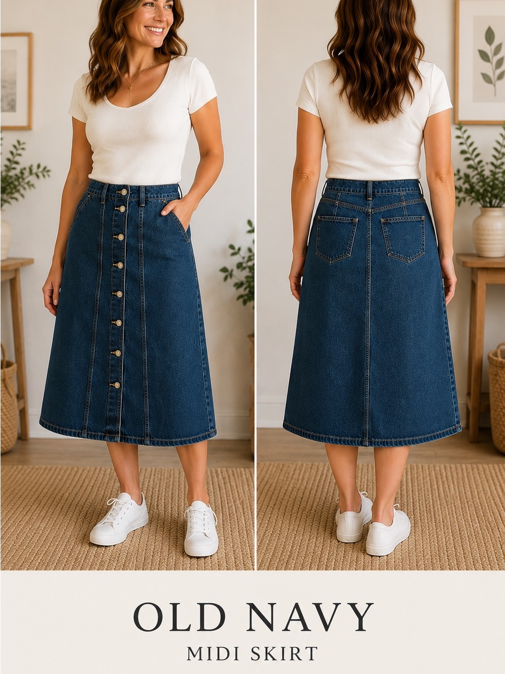 Old Navy Women's Dark Blue Denim Button-Front Midi Skirt